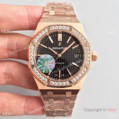 Knockoff Audemars Piguet Royal Oak 3120 Rose Gold Diamond Bezel Black Face Design Watch